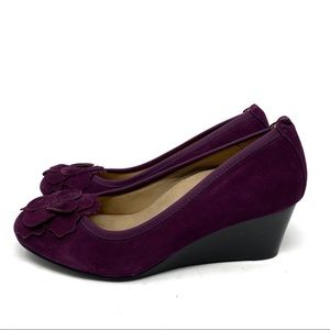 Vionic Hayes Suede Flower Purple Wedge Heel